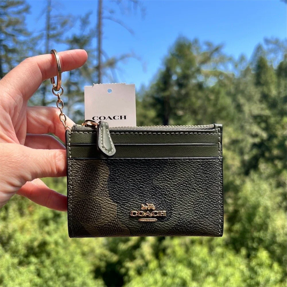 COACH Mini Skinny ID Case Cardholder Keychain Wallet Camo Print Gold Hardware